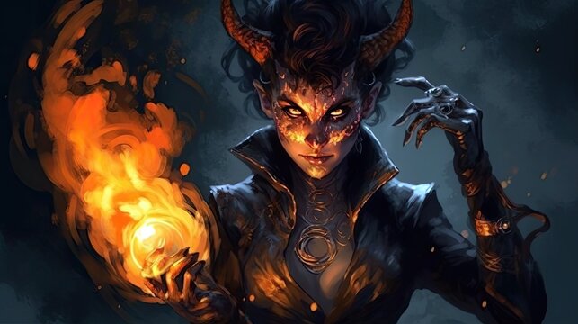 A tiefling warlock who wields dark fire.