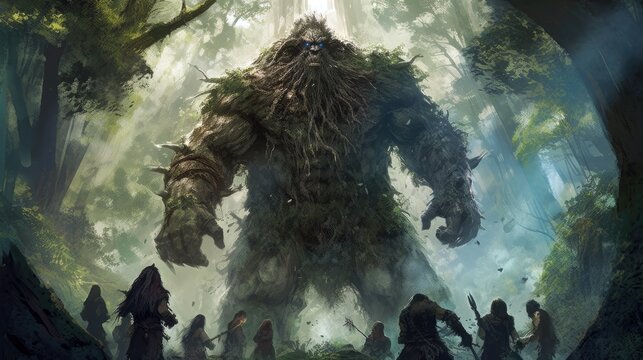 A towering goliath druid who can transform into a massive tree.