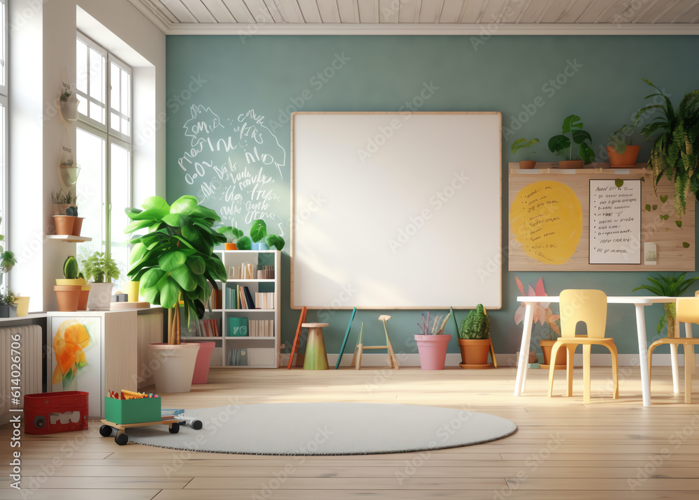 Aufkleber Generative AI Empty classroom for teach and learn. Interior floor decoration by wood with texture. Include green board or chalkboard with coppy space for draw and write surface. Education background. 