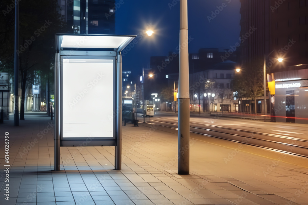 Poster generative ai white empty advertising banner at a public transport stop of a trolley bus in the city