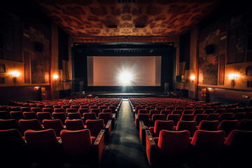 Generative AI Cinema theater hall. (top view) Cinema auditorium with screen and seats. (View from above)