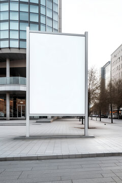 Generative AI White Blank Vertical Billboard At The Bus Stop On The City Street. In The Background Of Buses And Roads. Sketch. Poster On The Street Next To The Road