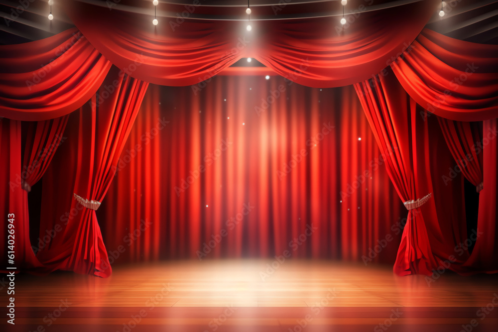 Poster generative ai empty scene with a red curtain and spotlights. concert, show, performance