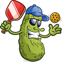 Pickle cartoon mascot with attitude wearing sunglasses and a baseball cap ready to serve up an exciting game of pickleball on the courts vector illustration - 614026914