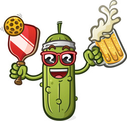 Pickle cartoon character drinking a tall frosty mug of ice cold beer to cool off on a hot day at the pickleball courts after a competitive match - 614026921