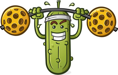 Pickle cartoon character weight lifting a large heavy pickleball barbell and wearing a soaked sweat band in a heated competition of strength vector illustration - 614026936