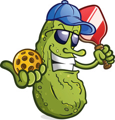 Pickle cartoon mascot with attitude wearing sunglasses and a baseball cap ready to serve up an exciting game of pickleball on the courts - 614026938