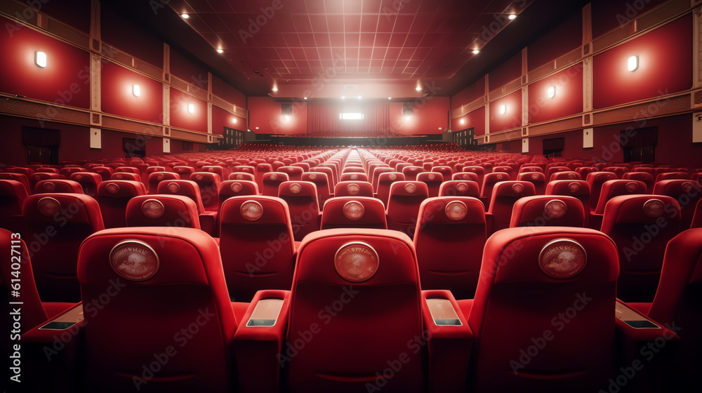 Poster Generative AI Interior of empty dark cinema with rows of red seats with cup holders and popcorn. Concept of entertainment. 3d rendering toned image