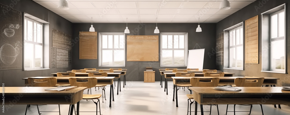 Poster Generative AI Empty modern classroom with chairs, desks and chalkboard.
