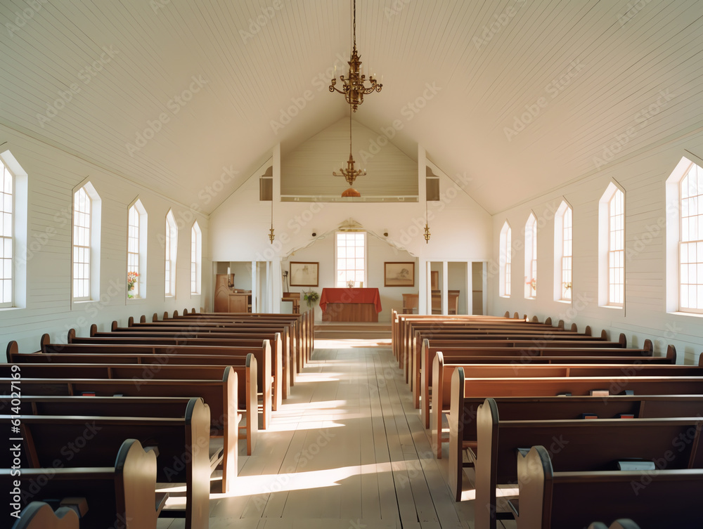 Poster Generative AI Empty pews in a small chapel, in which soft sunlight falls through a small window.