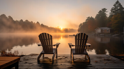 Generative AI Cottage life - Sunrise on two empty Adirondack chairs sitting on a dock on a lake in Muskoka, Ontario Canada. The sun rays create long shadows on the wooden pier. - obrazy, fototapety, plakaty