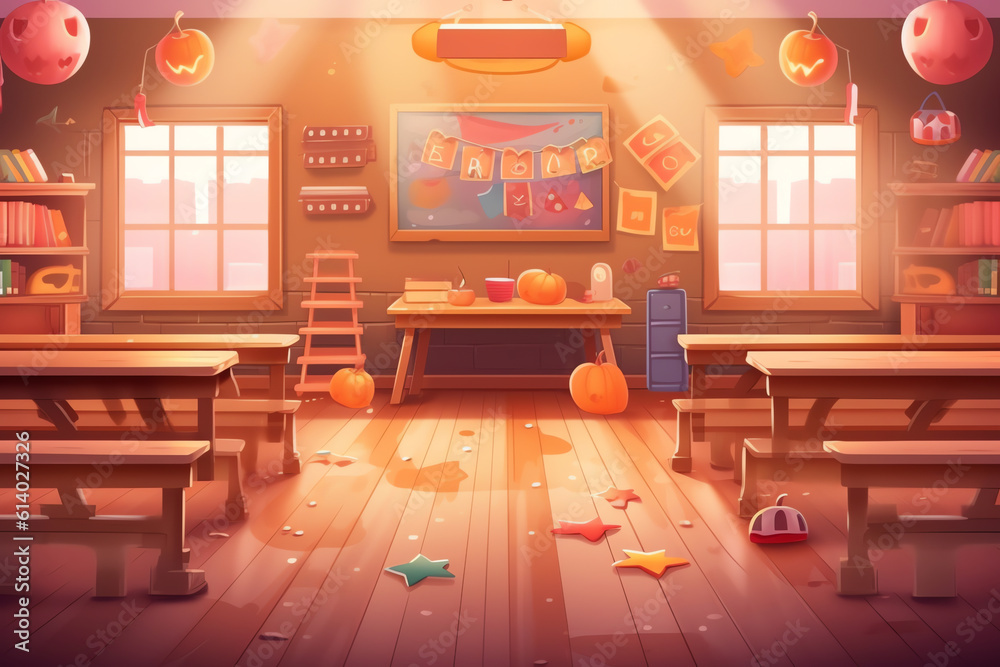 Poster generative ai empty classroom vector illustration. nobody school class room interior with blackboard