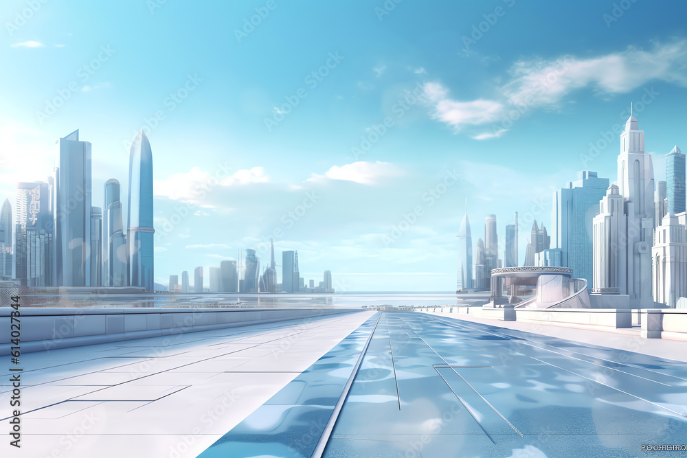 Aufkleber Generative AI empty highway with cityscape and skyline of qingdao,China.