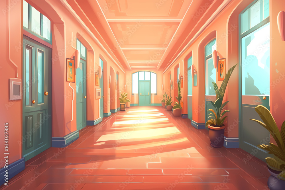 Poster Generative AI Empty School Corridor With Lockers Hall Open Door To Class Room Flat Vector Illustration