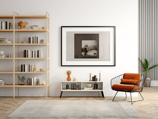 Generative AI Stylish interior of living room with design brown armchair, wooden bookcase, pendant lamp, carpet decor, picture frames and elegant personal accessories in modern retro home decor. Templ