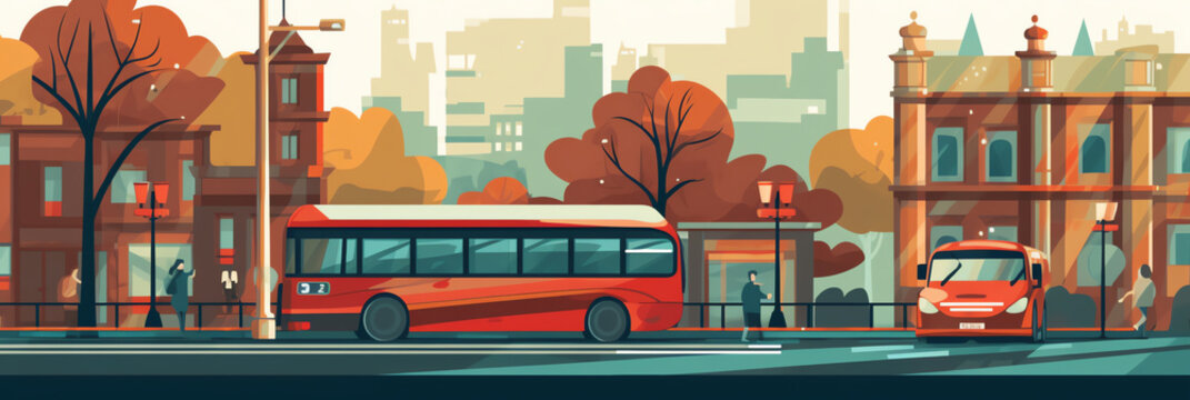 Generative AI Bus stop with shelter on city street. Urban landscape with public transport station, house, office and hospital buildings, car road with pedestrian crosswalk, vector cartoon illustration