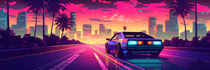 Car racing on street sunset, illustration, pixel art, game art, retro futuristic, generative AI