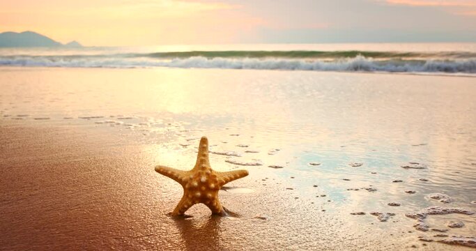 Starfish on sea beach at sunrise