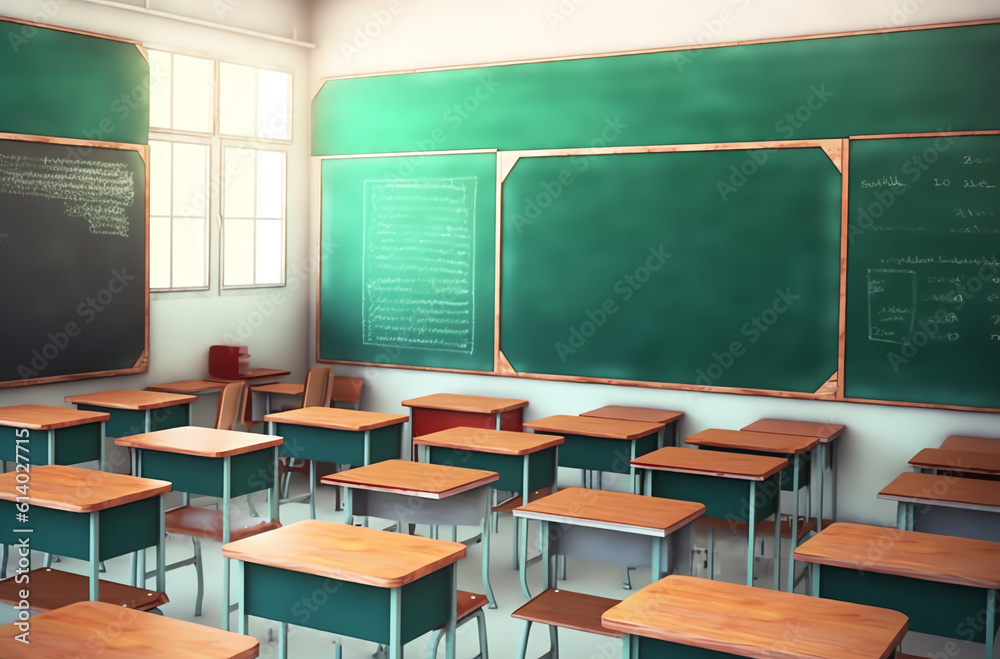 Aufkleber generative ai school empty classroom with test sheet or exams paper on desks chair wood and greenboa