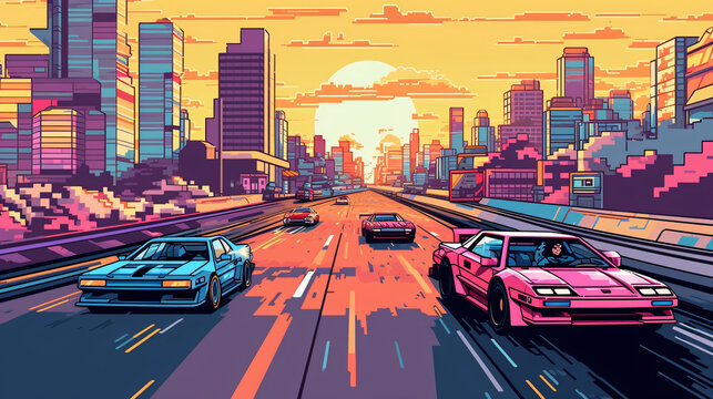 Car racing on street sunset, illustration, pixel art, game art, retro futuristic, generative AI