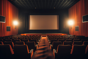 Obraz premium Generative AI Empty cinema auditorium. Projection screen is ready for adding a picture