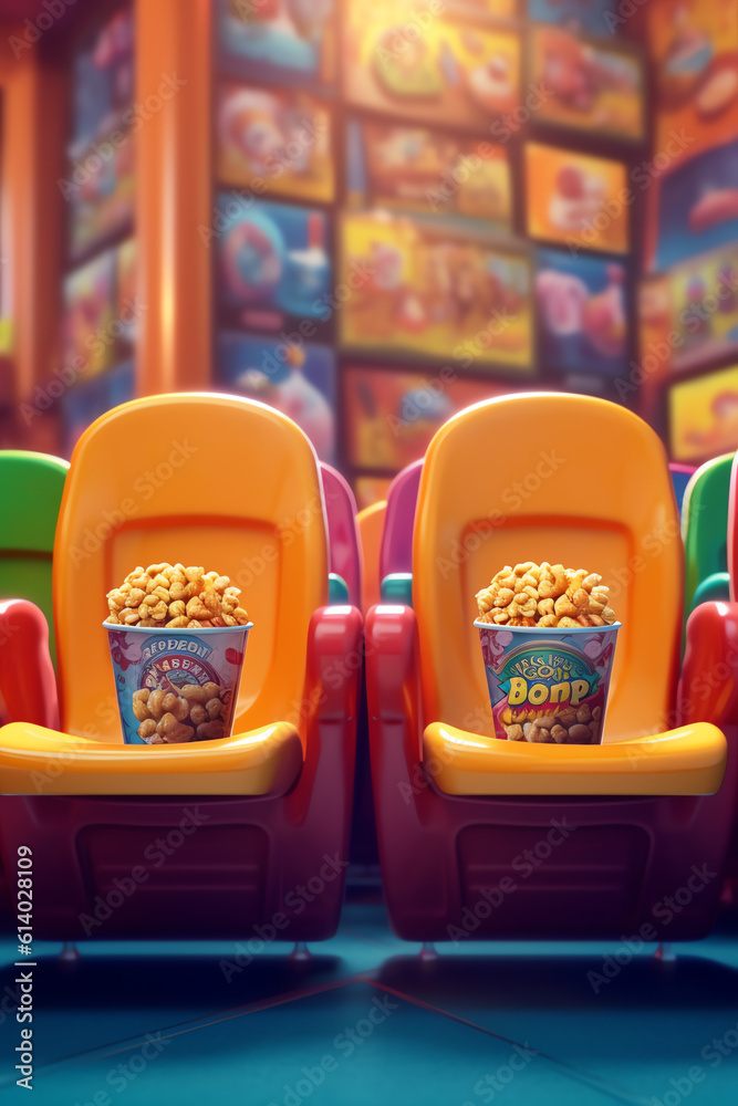 Poster generative ai cup of popcorn on chair in empty cinema
