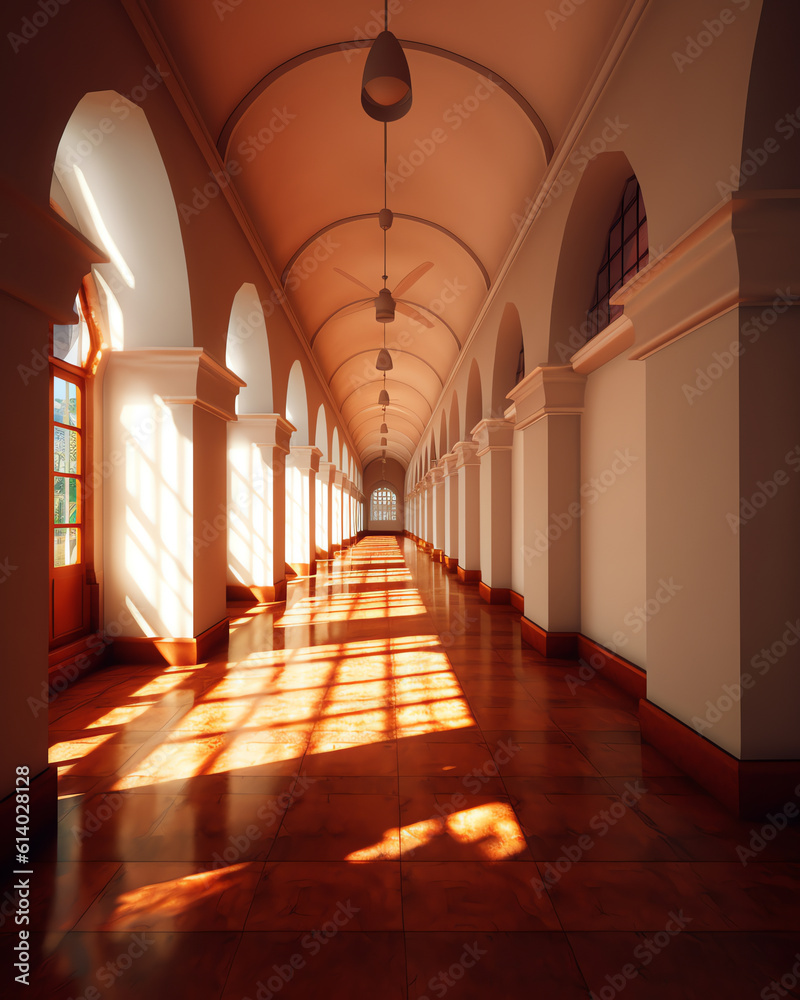 Poster generative ai corridor between the bench in the church with the sunlight, inside the building with a