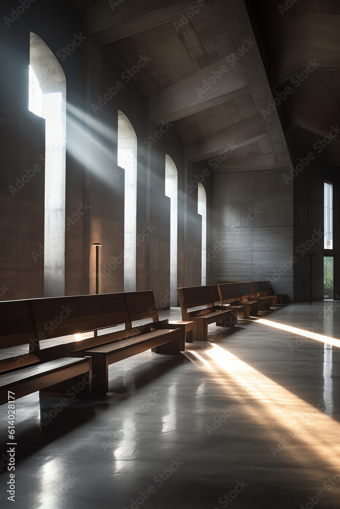 Aufkleber generative ai beautiful view of empty wooden benches near window in church