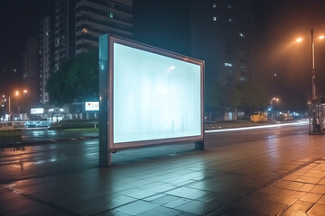 Generative AI blank billboard bus stop night with lights cars passing by. Resolution and high quality beautiful photo - obrazy, fototapety, plakaty