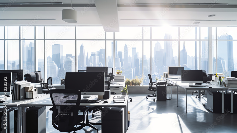 Leinwandbilder Generative AI Corner of modern Industrial style open space office with white walls, concrete floor, rows of computer tables and panoramic windows with blurry cityscape. 3d rendering