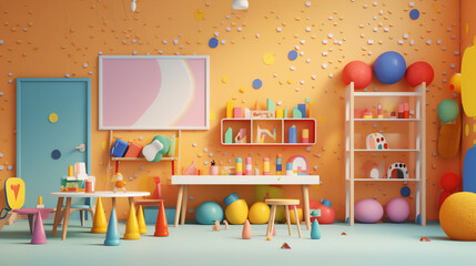 Generative AI Colorful kindergarten class without childs ,school desk,chair,toy and decoration on background wall- 3d rendering