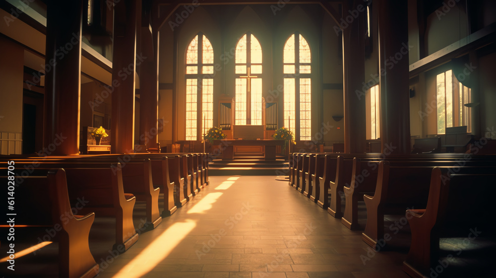 Poster generative ai empty church pews with heavenly light.