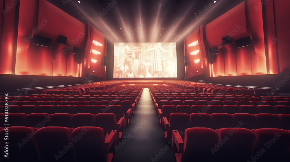 Aufkleber Generative AI Interior of empty cinema with rows of red seats with cup holders and popcorn. Concept of entertainment. 3d rendering toned image