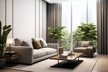 Generative AI Modern interior of open space with design modular sofa, furniture, wooden coffee tables, plaid, pillows, tropical plants and elegant personal accessories in stylish home decor. Neutral l