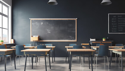 Generative AI Classroom design with modern desks, seats, blackboard, watch and door 3D rendering
