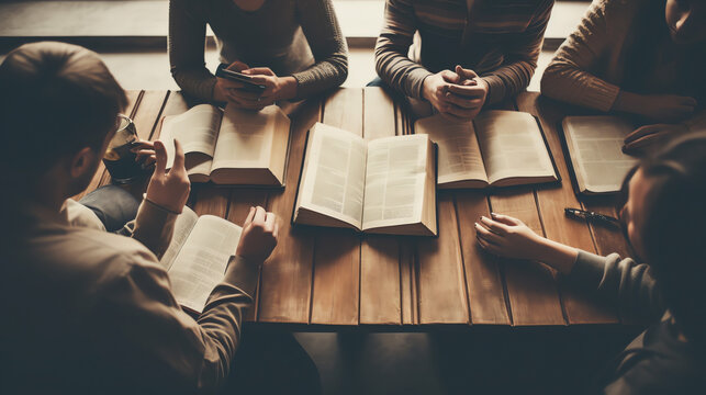 Generative AI Bibles in wooden bench compartment in church, church service for Christian