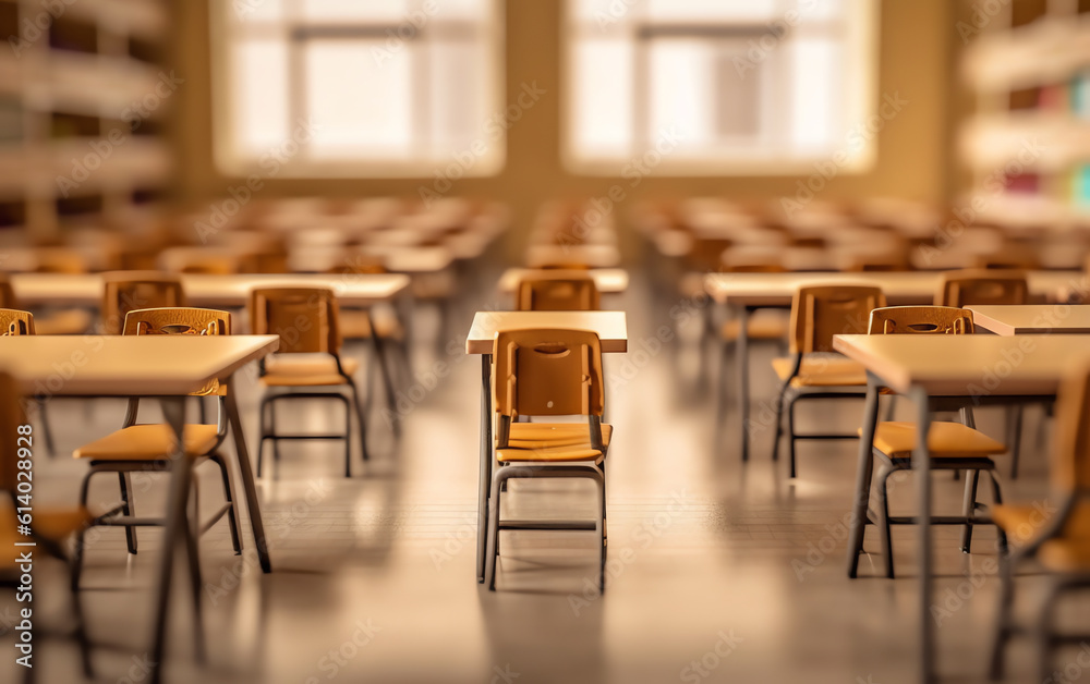 Poster Generative AI Empty school classroom with many wooden chairs. Wooden chairs in classroom. Wooden arranged in classroom. Empty classroom with vintage tone wooden chairs. Back to school concept.