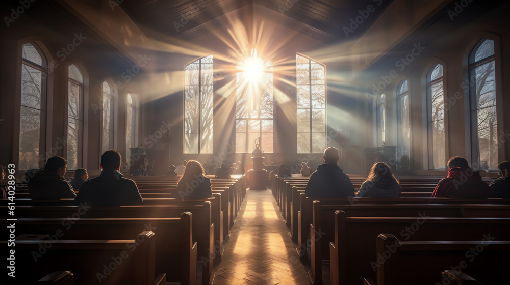 Aufkleber generative ai empty pews with soft sunlight in a catholic church.