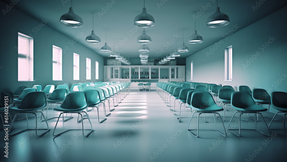 Poster Generative AI Empty Classroom or conference room with projector and screen light inside windows,blue tone