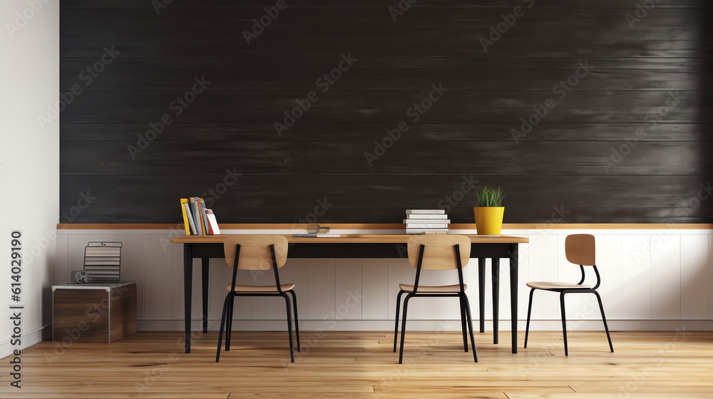 Poster generative ai school empty classroom or lecture room interior with desks chair iron wooden whiteboar