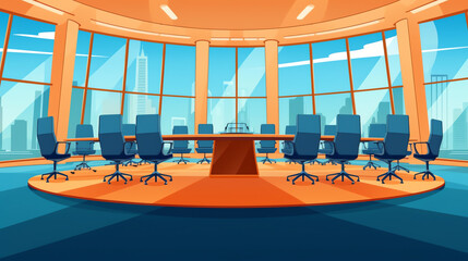 Generative AI Press conference table with microphones equipment, empty chairs. Interview speech mass media event, news report presentation broadcasting, professional journalism, politics flat vector i - obrazy, fototapety, plakaty