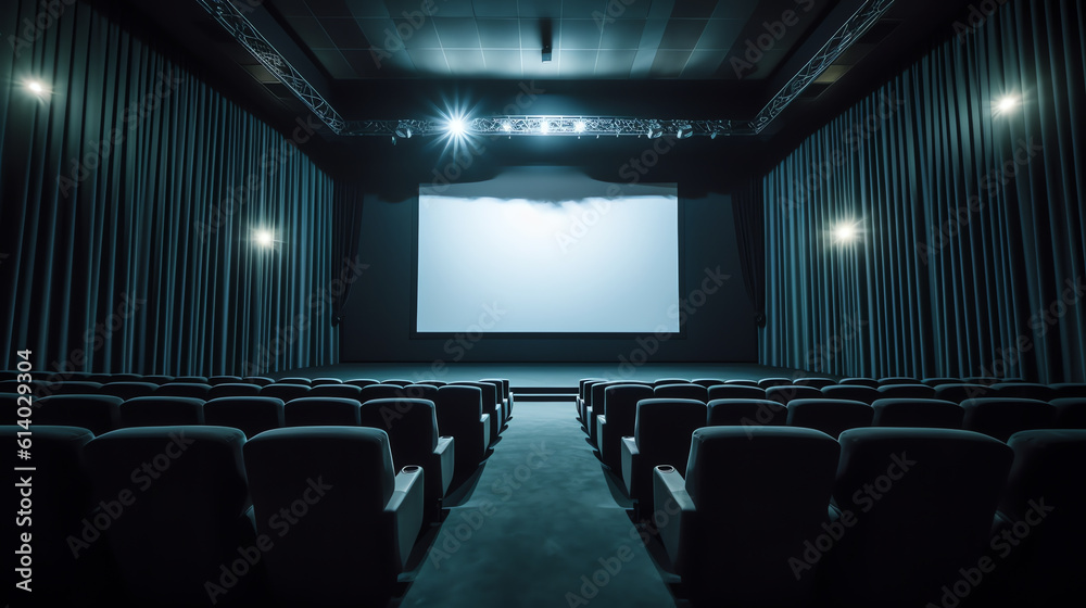 Poster Generative AI Empty cinema auditorium with empty white screen. Empty rows of theater or movie seats