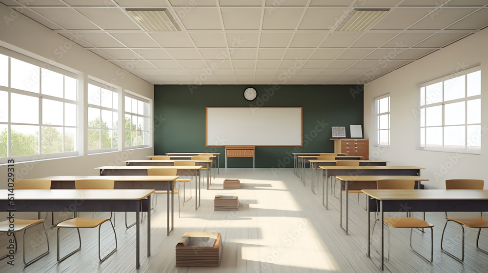 Poster generative ai school classroom with furniture empty no people class room interior flat horizontal