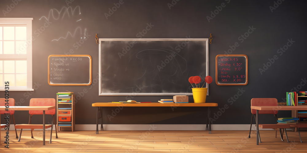 Aufkleber Generative AI Empty classroom with chairs, desks and chalkboard.