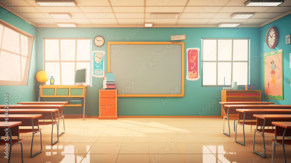 Poster Generative AI Empty classroom. School Education background. Empty school classroom. Classroom interior. Meeting room. Vector cartoon empty elementary or high school, college university classroom.
