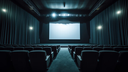 Generative AI Empty cinema auditorium with empty white screen. Empty rows of theater or movie seats