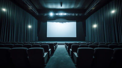 Obraz premium Generative AI Empty cinema auditorium with empty white screen. Empty rows of theater or movie seats