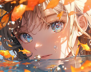 Beautiful anime manga girl in autumn