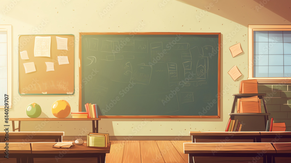 Poster Generative AI Empty classroom. School Education background. Empty school classroom. Classroom interior. Meeting room. Vector cartoon empty elementary or high school, college university classroom.