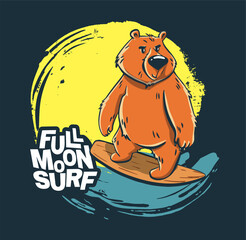Bear moon surfer cool summer t-shirt print. Midnight ride surfboard on big wave. Full moon
